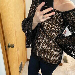 Julian Chang Off Shoulder Black Nude Flare Sleeve Crochet Top